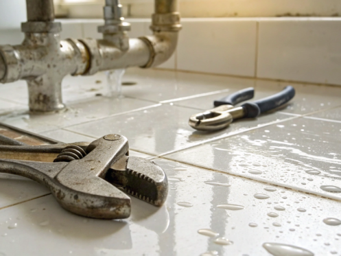 A burst pipe under a sink requires an emergency plumber to stop the water leak.
